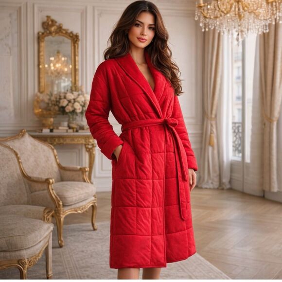 Skin X J Crew Robe Red Quilted Waist Tie Shawl Cotton W Eye Mask - Picture 13 of 13